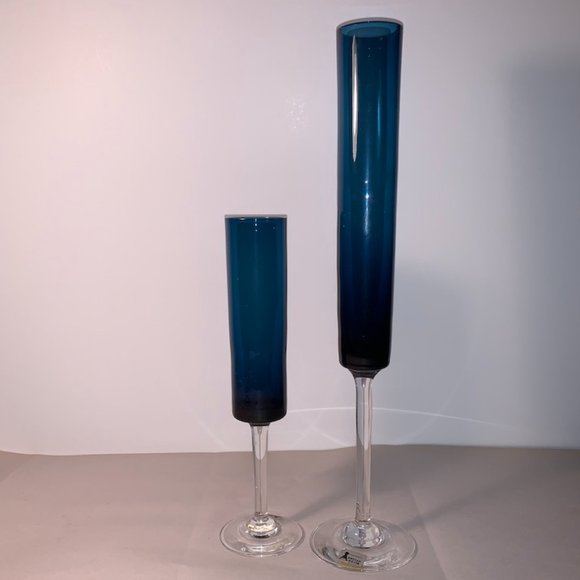 Two Gorgeous long-stemmed glass Vases, sizes 8" and 12", Marine Blue - Picture 1 of 10